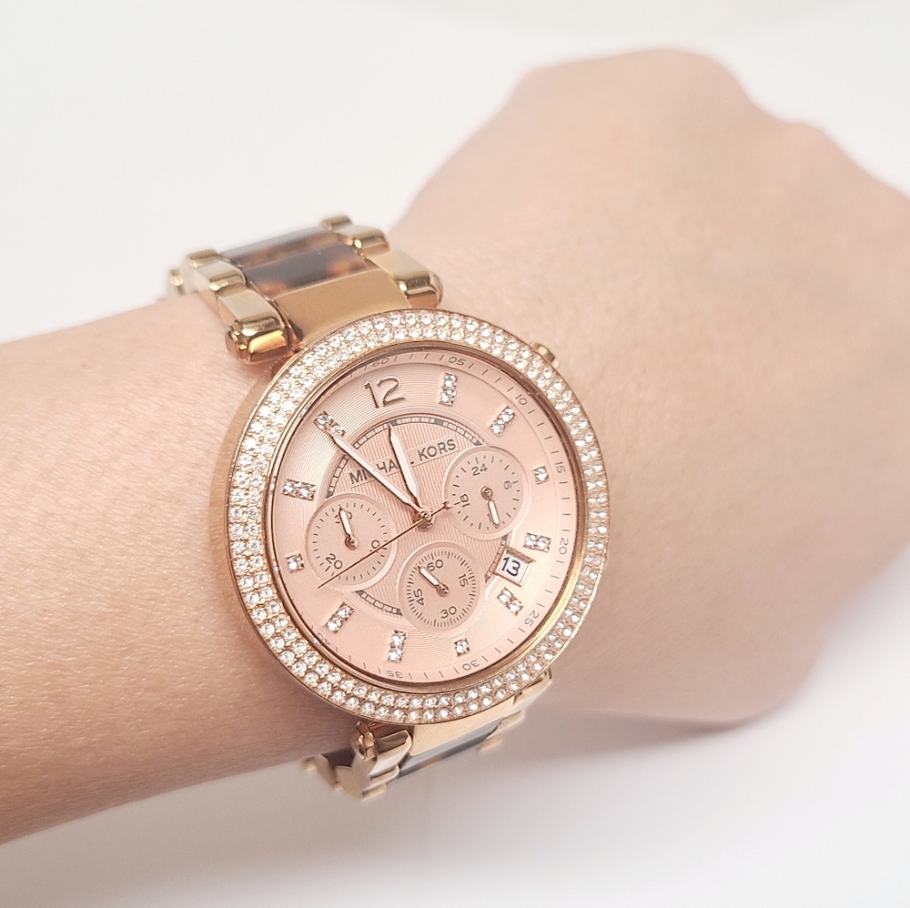 Michael Kors Pave Crystal yellow gold tone / Brown Tortoise watch